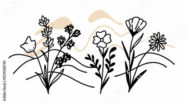 Fototapeta Illustration of various flowers with stems and leaves on a white background with beige abstract shapes created with generated ai