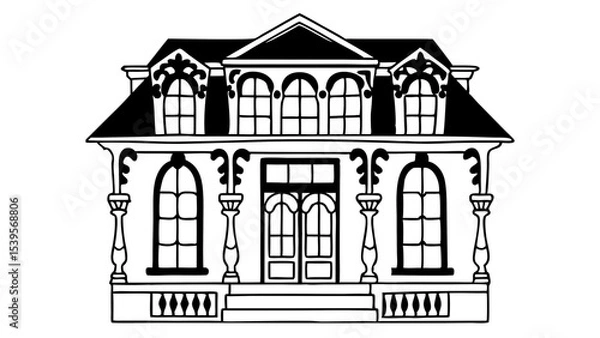 Fototapeta Illustration of a two story house with decorative windows and a porch in black and white style created with generated ai