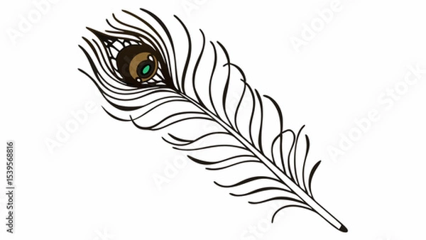 Fototapeta Illustration of a single peacock feather with detailed eye spot and flowing barbs on white background created with generated ai
