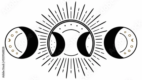 Fototapeta Illustration of moon phases with a sunburst design and crescent moon details on a white background created with generated ai