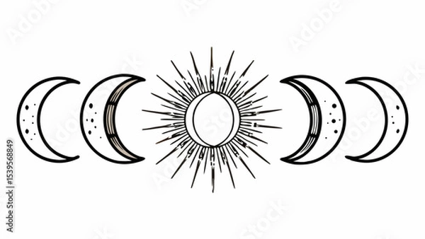 Fototapeta Illustration of moon phases with crescent shapes and sunburst design in black and white coloring style created with generated ai