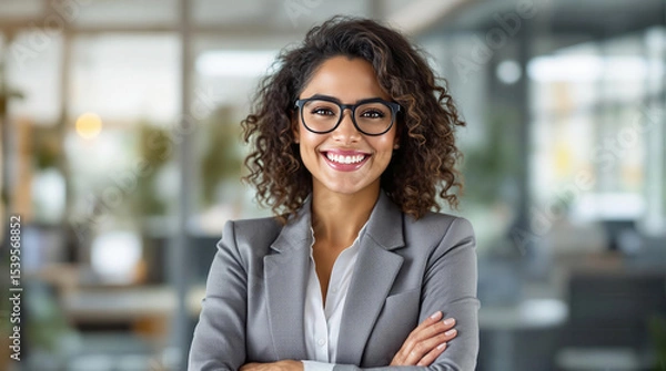 Fototapeta Smiling woman in a gray blazer with arms crossed, standing confidently in a bright, modern office environment.