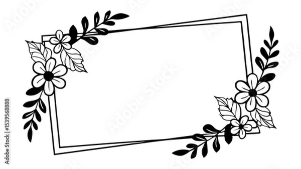 Fototapeta Black and white floral frame with flowers and leaves in the corners of a double line rectangle created with generated ai