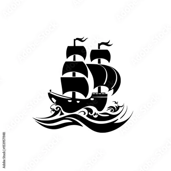 Fototapeta Vintage sailing ship icon on stylized waves, Black silhouette illustration of an old-fashioned sailing ship with large sails and flags, riding stylized ocean waves.

