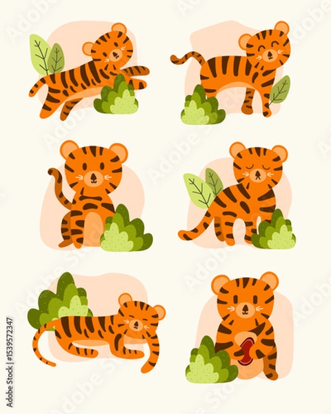 Obraz Cute tiger collection cartoon illustration vector elements with flat handrawn style