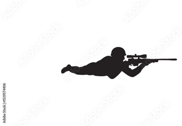 Obraz Silhouette of a soldier aiming a rifle with a scope prone position.