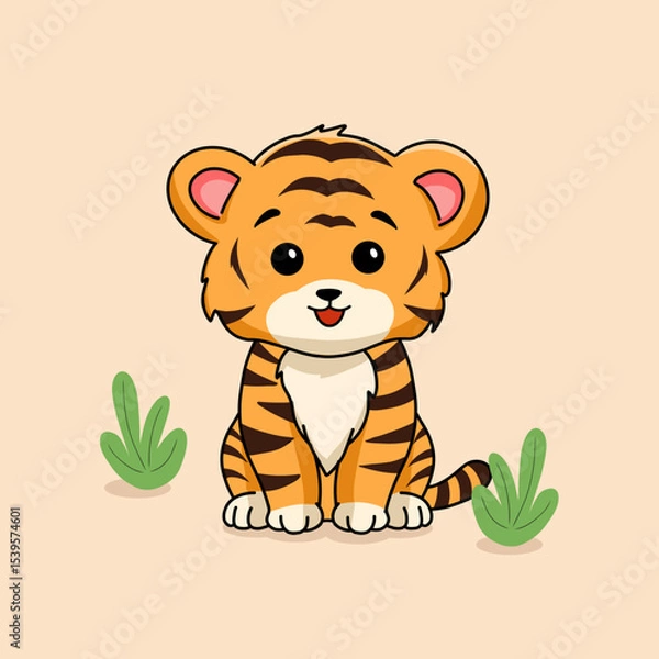 Obraz Cute Tiger Sit Pose Cartoon Vector Icon Illustration with Plants