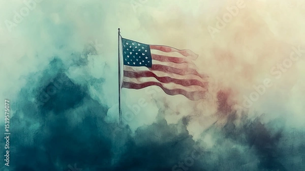 Fototapeta American flag waving against a cloudy sky