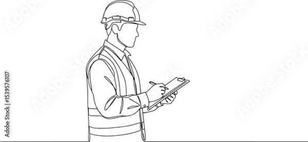 Fototapeta Construction worker writing on clipboard, line art drawing, safety helmet, vest, job checklist, inspection task, engineering control, industry sketch for building site management illustration.