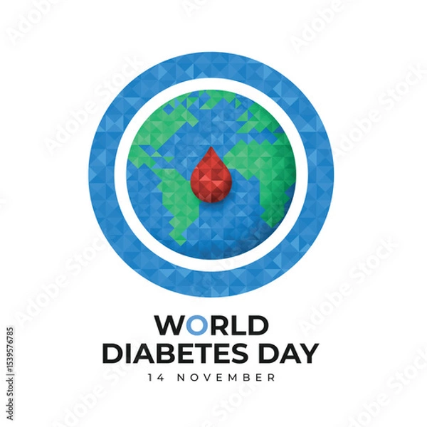 Fototapeta World diabetes day - Red drop water on globe world in blue ring circle sign with low poly texture vector design