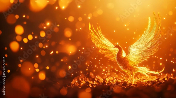 Fototapeta A glowing golden phoenix rises amidst sparkling lights and embers, symbolizing rebirth and renewal in a fiery, magical atmosphere.