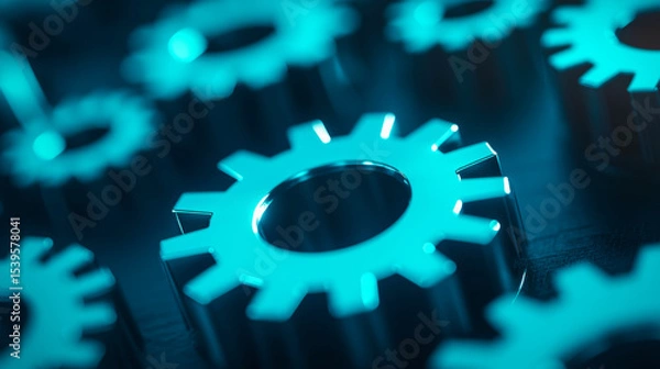 Fototapeta Close-up of shiny metallic gears interlocked, symbolizing mechanical precision and industrial technology in a cool blue light.