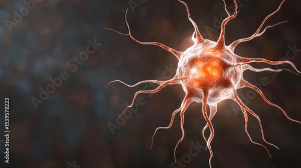 Obraz A glowing neuron cell with branching dendrites is depicted on a dark background, highlighting neural activity and complexity.