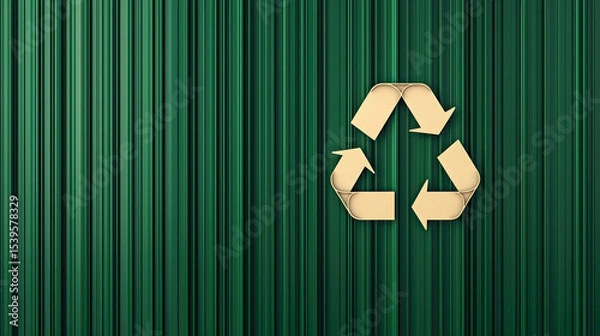 Fototapeta A cardboard recycling symbol with three arrows sits on a green corrugated background, representing environmental sustainability and recycling awareness.