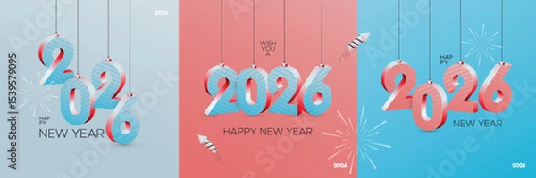 Fototapeta Colorful 3D “2026” numbers hang like ornaments against pastel backgrounds with fireworks and festive elements, celebrating the arrival of the new year