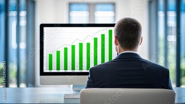 Obraz A businessman in a suit views a computer screen displaying a rising green bar and line graph in a bright office setting with large windows.