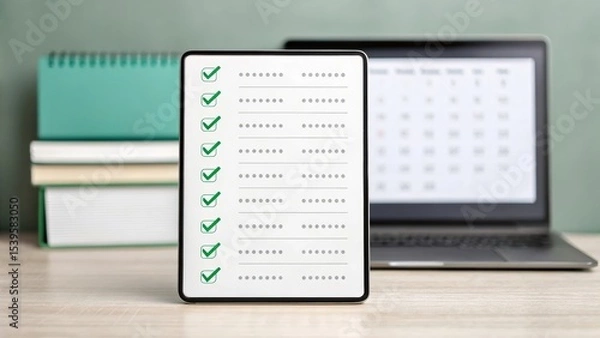 Fototapeta A tablet displaying a checklist with green check marks sits on a desk in front of stacked books and an open laptop showing a calendar.