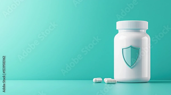 Fototapeta White pill bottle with a shield emblem and three pills on a turquoise background symbolizing protection and health.