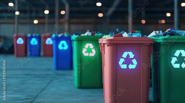 Fototapeta Colorful recycling bins lined up in a spacious indoor facility, promoting waste separation and environmental sustainability.