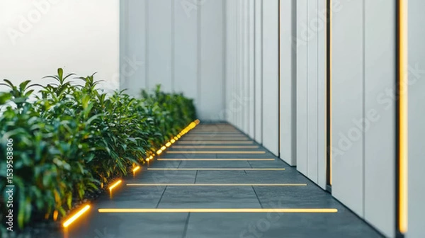 Fototapeta A modern walkway with sleek grey tiles, illuminated by yellow LED strip lights alongside green bushes and a minimalist building facade.