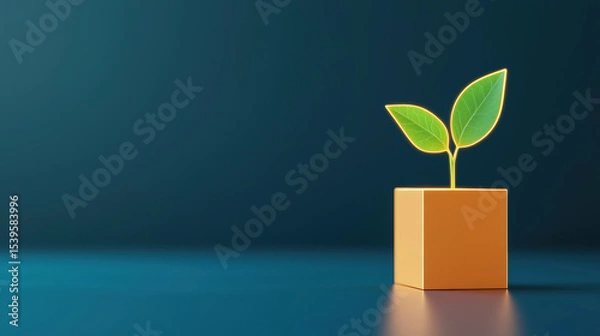 Fototapeta A small green plant with two leaves grows from a simple square pot against a dark blue background.