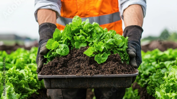 Fototapeta A person wearing gloves and an orange vest holds a tray filled with fresh green lettuce seedlings ready for planting in a field.
