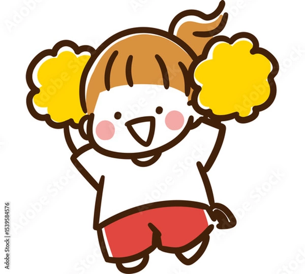 Obraz 黄色いポンポンを両手にジャンプして応援をする女の子のデフォルメイラスト