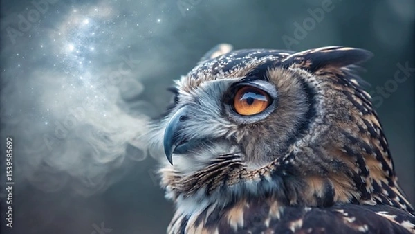Fototapeta custom pet portrait surreal concept Majestic owl with striking eyes surrounded by a soft mist in a serene setting.