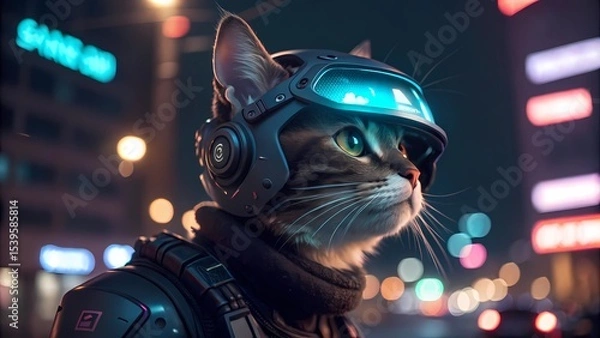 Fototapeta custom pet portrait surreal concept A futuristic cat wearing a helmet, set against a vibrant urban background.