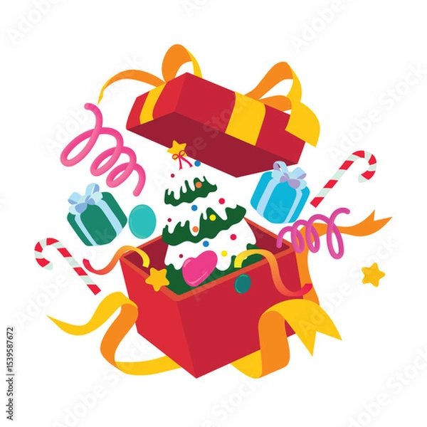Fototapeta Flat cartoon vector of an open red Christmas gift box with tree, candy canes, ribbons, and small presents. A vibrant, fun holiday design perfect for Christmas, celebrations, or festive themes.