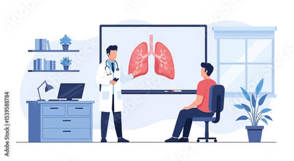 Fototapeta Adoe illustrator flat style vector artwork of Doctor explaining lung health to a patient in a medical office. Illustration of a consultation about respiratory system