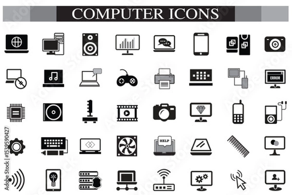 Obraz Computer icon set. Computer, network, website, server, web design, monitor, smartphone, tablet and laptop and programming, icons vector collection.