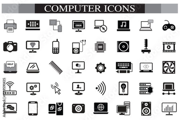 Obraz Computer icon set. Computer, network, website, server, web design, monitor, smartphone, tablet and laptop and programming, icons vector collection.