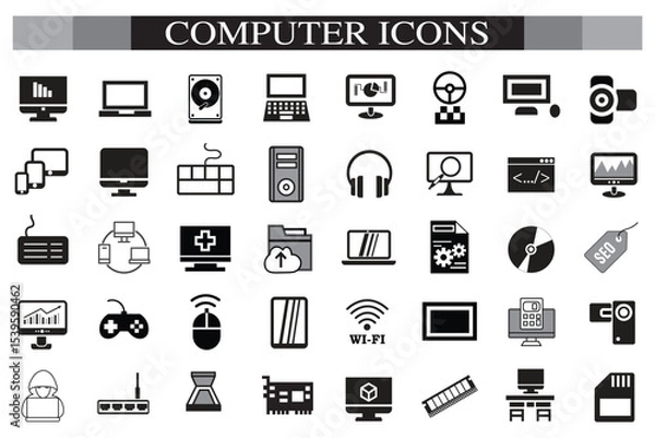 Obraz Computer icon set. Computer, network, website, server, web design, monitor, smartphone, tablet and laptop and programming, icons vector collection.
