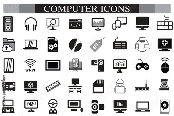 Obraz Computer icon set. Computer, network, website, server, web design, monitor, smartphone, tablet and laptop and programming, icons vector collection.