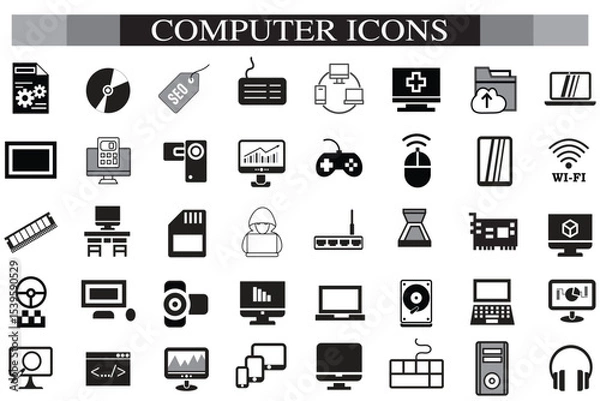 Obraz Computer icon set. Computer, network, website, server, web design, monitor, smartphone, tablet and laptop and programming, icons vector collection.