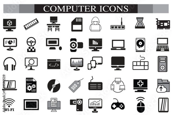 Obraz Computer icon set. Computer, network, website, server, web design, monitor, smartphone, tablet and laptop and programming, icons vector collection.