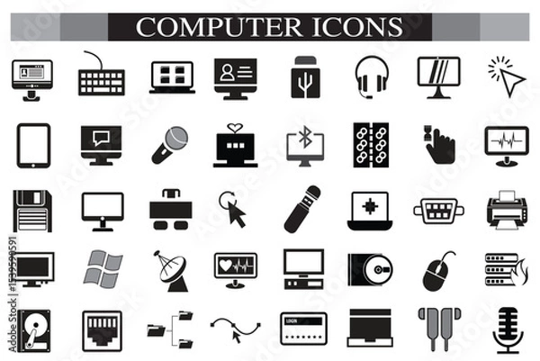 Obraz Computer icon set. Computer, network, website, server, web design, monitor, smartphone, tablet and laptop and programming, icons vector collection.