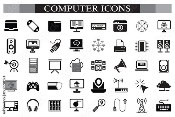 Obraz Computer icon set. Computer, network, website, server, web design, monitor, smartphone, tablet and laptop and programming, icons vector collection.