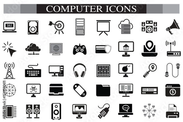Obraz Computer icon set. Computer, network, website, server, web design, monitor, smartphone, tablet and laptop and programming, icons vector collection.