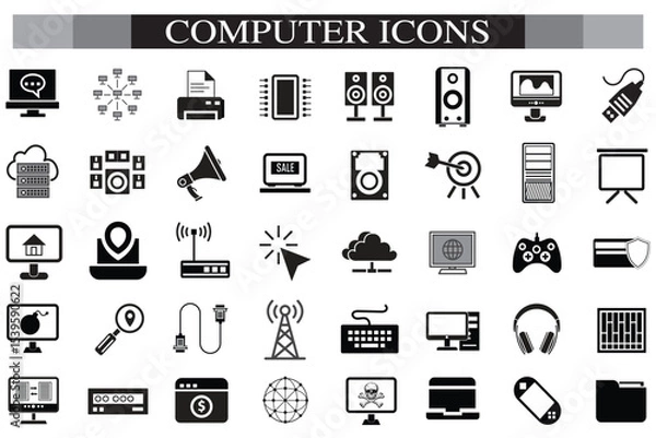 Obraz Computer icon set. Computer, network, website, server, web design, monitor, smartphone, tablet and laptop and programming, icons vector collection.