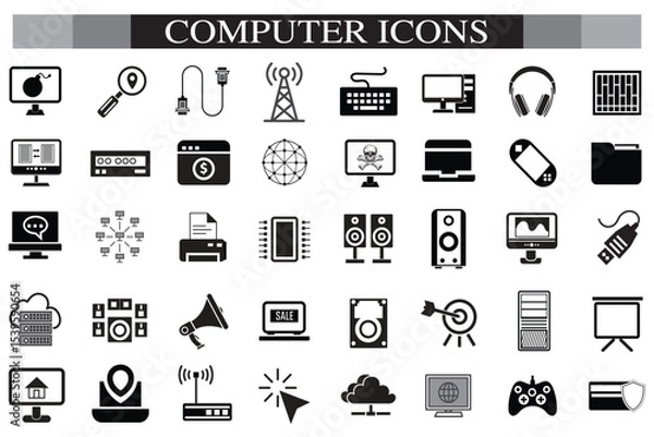 Obraz Computer icon set. Computer, network, website, server, web design, monitor, smartphone, tablet and laptop and programming, icons vector collection.