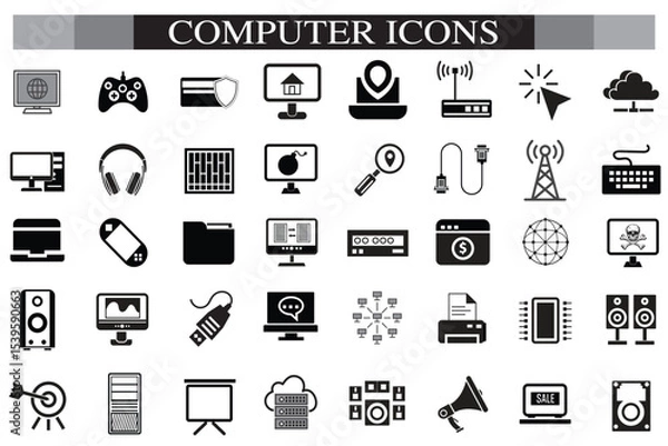 Obraz Computer icon set. Computer, network, website, server, web design, monitor, smartphone, tablet and laptop and programming, icons vector collection.