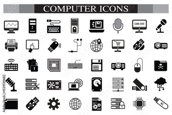 Obraz Computer icon set. Computer, network, website, server, web design, monitor, smartphone, tablet and laptop and programming, icons vector collection.