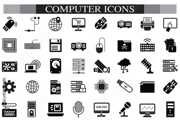 Obraz Computer icon set. Computer, network, website, server, web design, monitor, smartphone, tablet and laptop and programming, icons vector collection.
