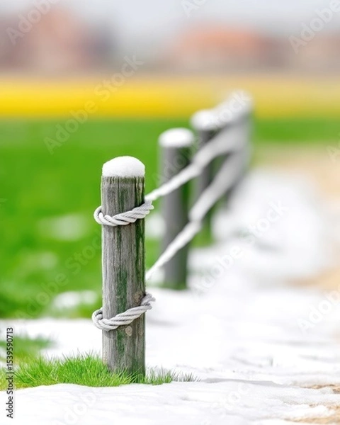 Fototapeta Wooden Fence Posts and Rope in a Snowy Field