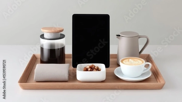 Fototapeta Wooden Tray with Coffee Service and Tablet