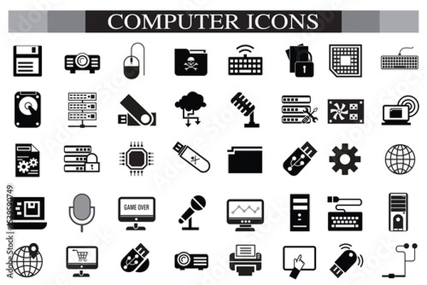 Obraz Computer icon set. Computer, network, website, server, web design, monitor, smartphone, tablet and laptop and programming, icons vector collection.