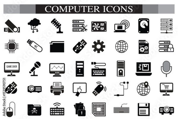 Obraz Computer icon set. Computer, network, website, server, web design, monitor, smartphone, tablet and laptop and programming, icons vector collection.