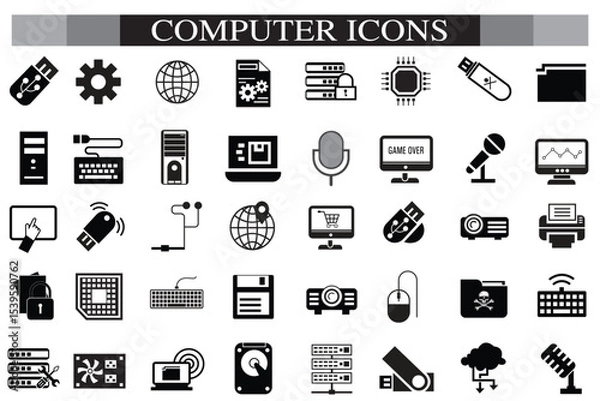 Obraz Computer icon set. Computer, network, website, server, web design, monitor, smartphone, tablet and laptop and programming, icons vector collection.